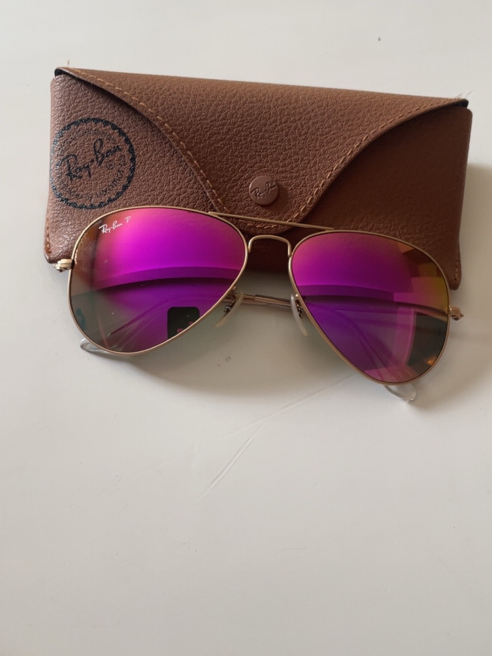 Ray-Ban Gold Aviator Sunglasses with Purple Mirror Lenses